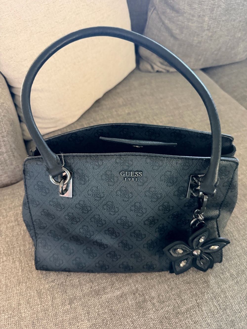 Guess Black Logo Satchel with Flower Charm